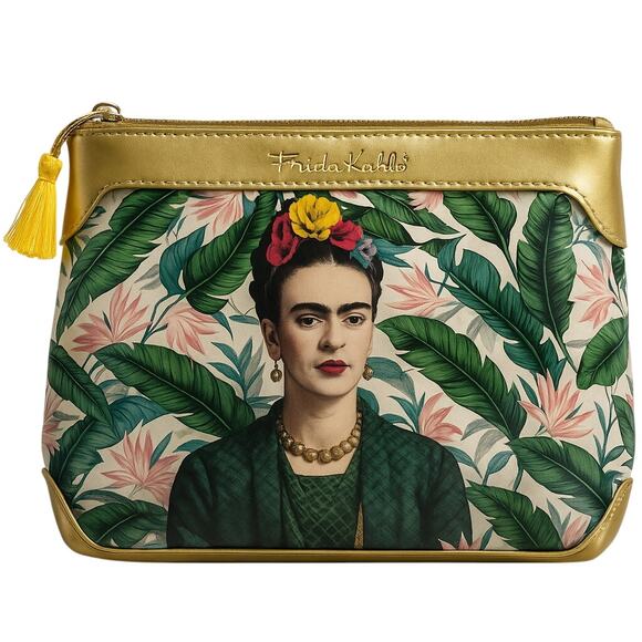 Frida Kahlo Tropical Floral Pouch – Gold Trim Makeup Bag - Picture 1 of 6